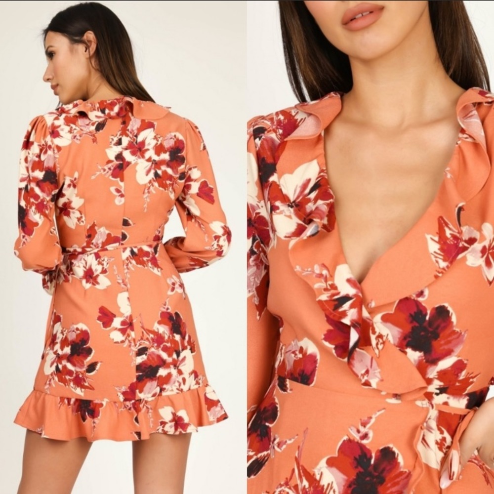 🆕LAST ONE!🛍 Coral floral wrap ruffle mini dress! - Picture 2 of 7
